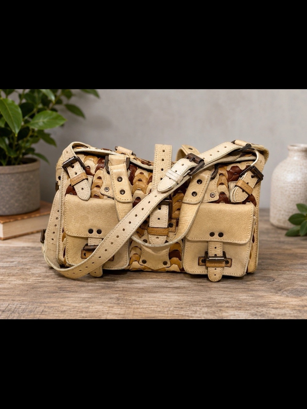 Mulberry Cream Woven Leather Shoulder Bag with Buckle Details